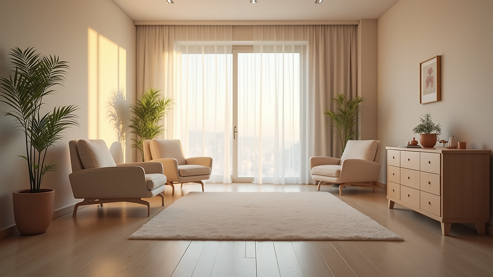 Eye-level view of a calm therapy room with soft lighting and comfortable chairs