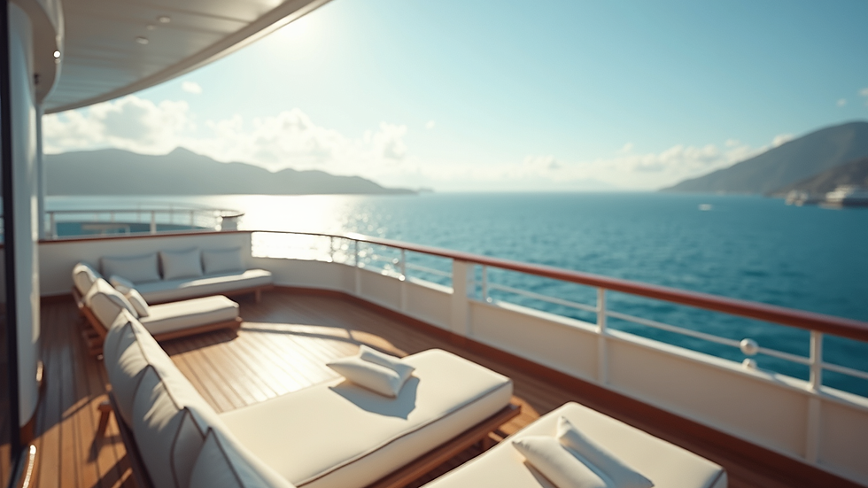 Close-up view of a luxury cruise ship deck with elegant seating and ocean view
