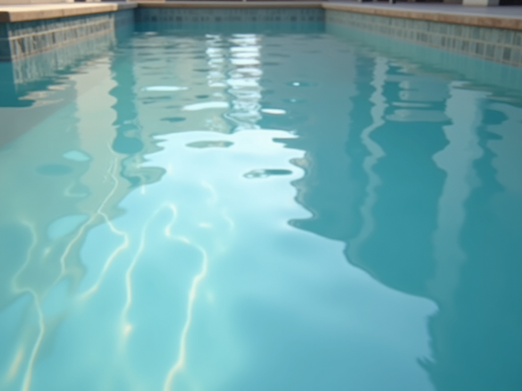 A serene pool with calm blue water reflecting soft natural light, symbolizing peace and he