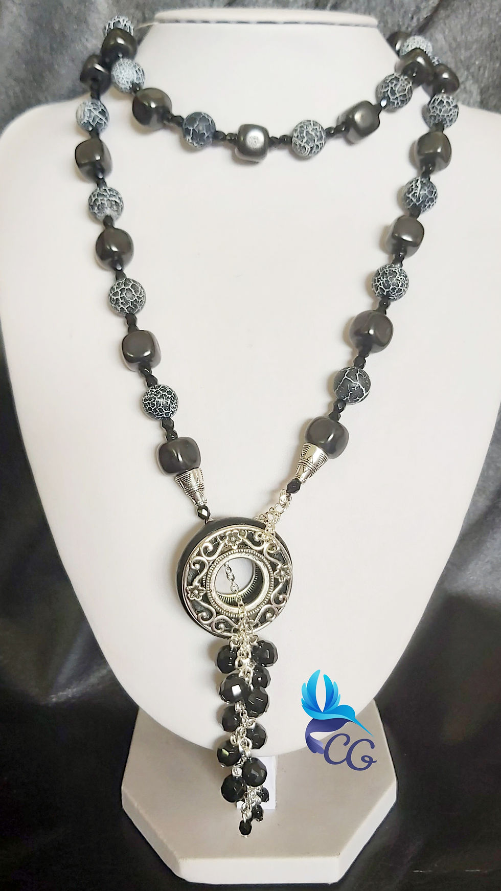 Thumbnail: Necklace for women - Lariate necklace with agate and shungite stone beads2