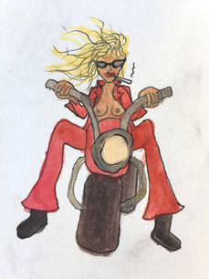 Woman on motorbike wearing red smoking cigarette topless