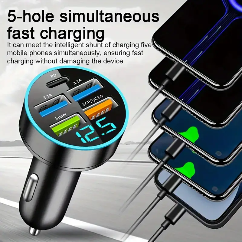 Thumbnail: 5 USB Port Super Fast Car Charger Adapter For iPhone Samsung Android Cell Phone
