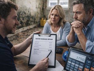 homeowner and restorations expert discussing about water damage restoration cost