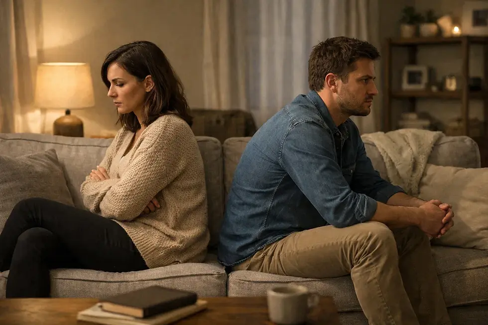 Upset couple sitting back-to-back on couch at home