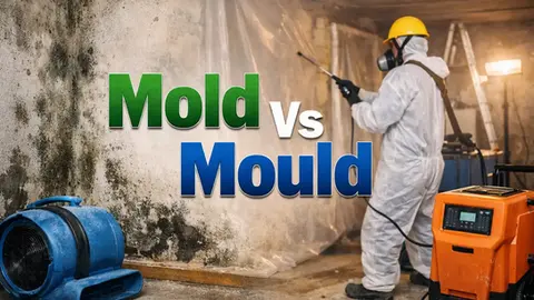 Restoration worker treating indoor mold, text 'Mold Vs Mould' overlay
