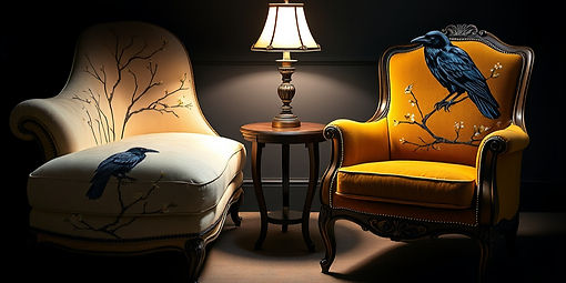 dark moody vignette photo of a long chaise lounge and also a French armchair. both in velv