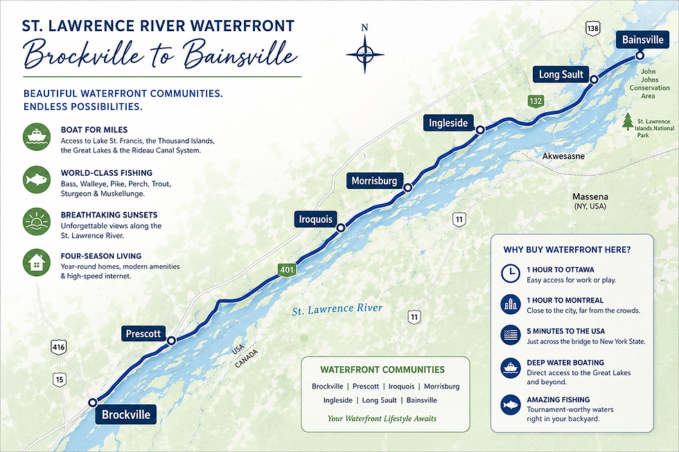 Map of waterfront communities along the St. Lawrence River from Brockville to Cornwall, Ontario.