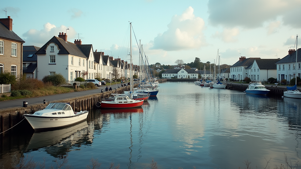 Wide angle view of a peaceful Cornwall waterfront neighborhood with boats docked along the shore