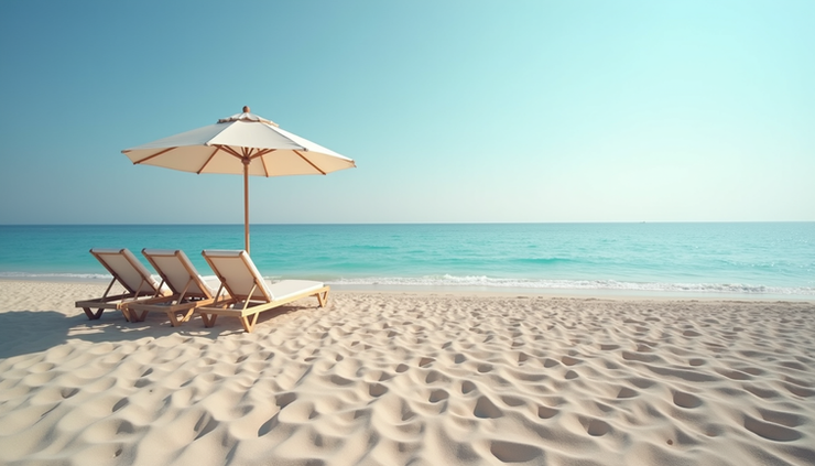 Wide angle view of a calm beach at Ala Beach Resort with lounge chairs and umbrellas