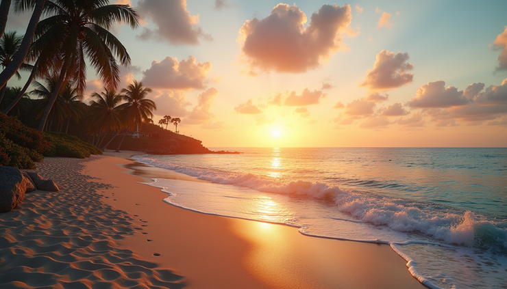 Eye-level view of a serene beachfront at Ala Beach Resort with gentle waves and palm trees