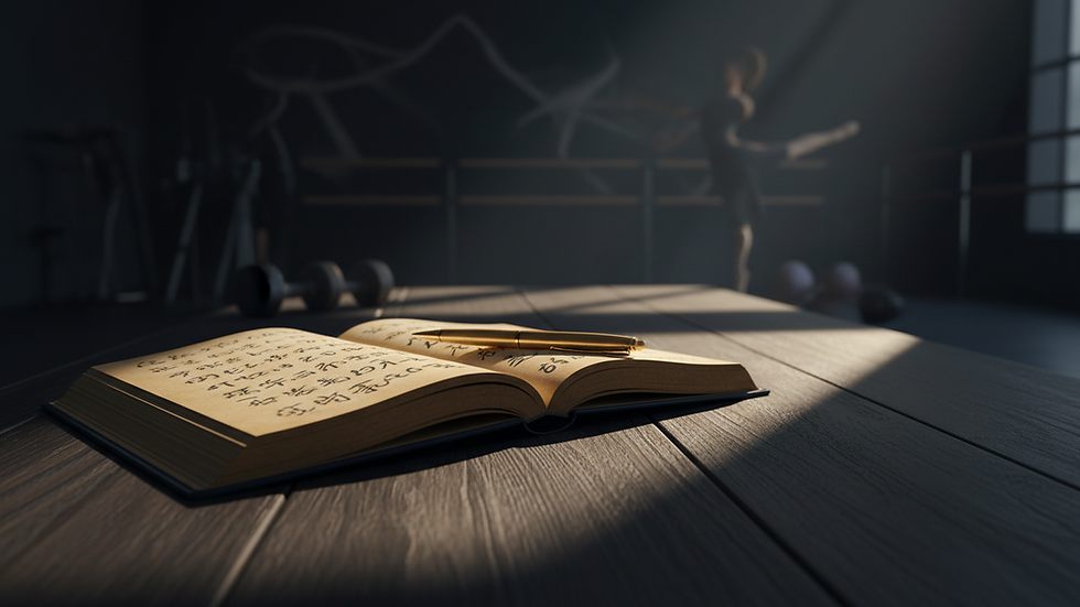 Close-up view of a journal and pen on a wooden desk