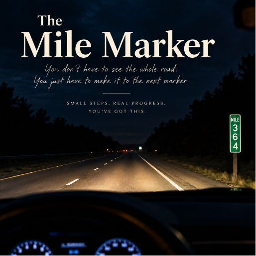 Dark interstate at night illuminated by headlights with a green mile marker along the roadside.