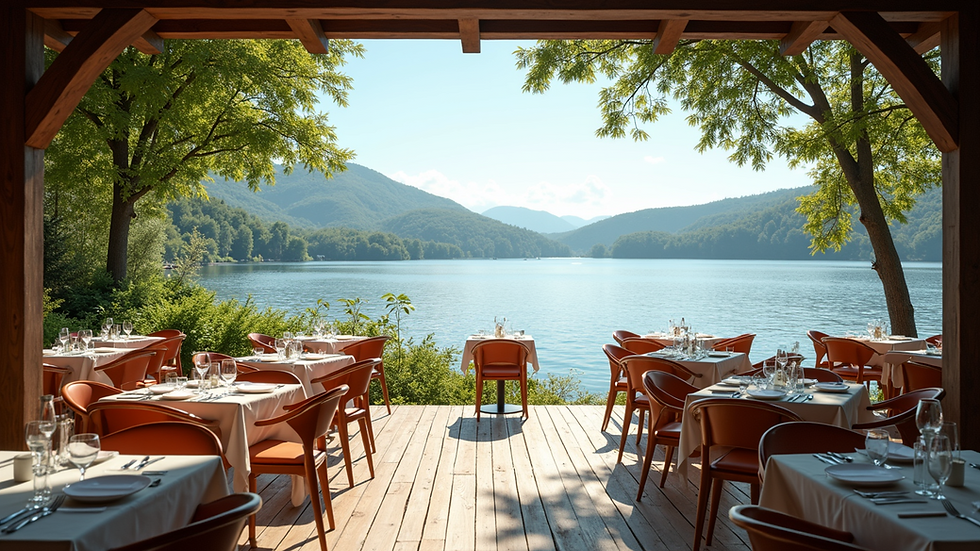 Eye-level view of a serene lakeside resort with outdoor seating