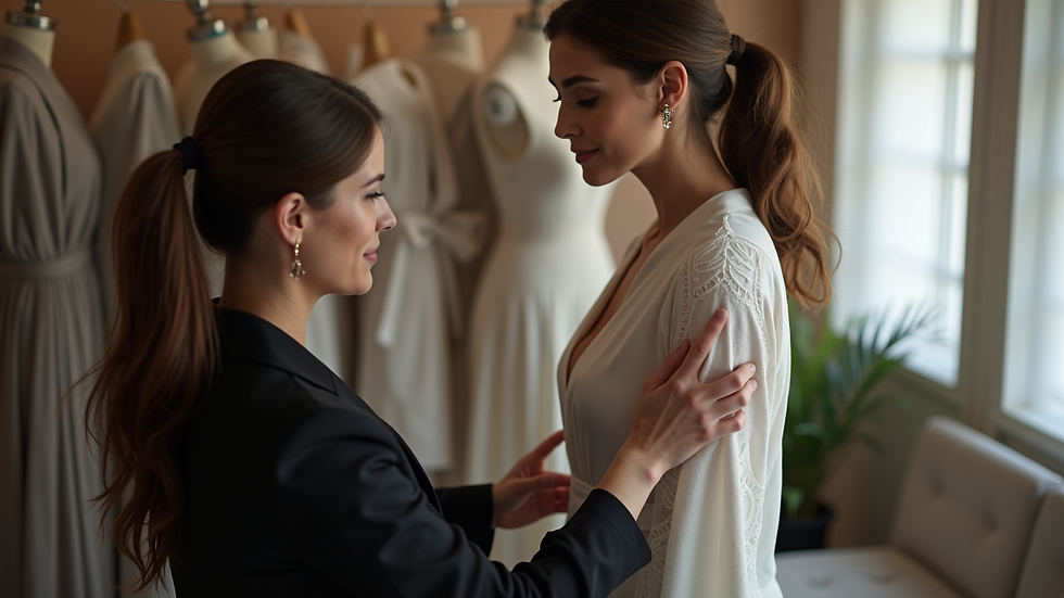 High angle view of a luxury dress fitting session with a tailor