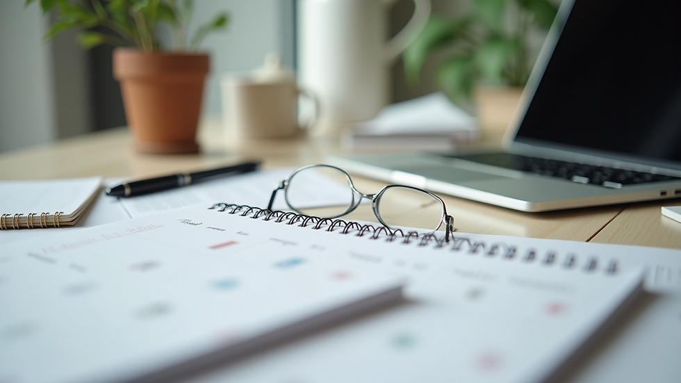 Close-up view of a wedding planner’s desk with calendars, notes, and a laptop