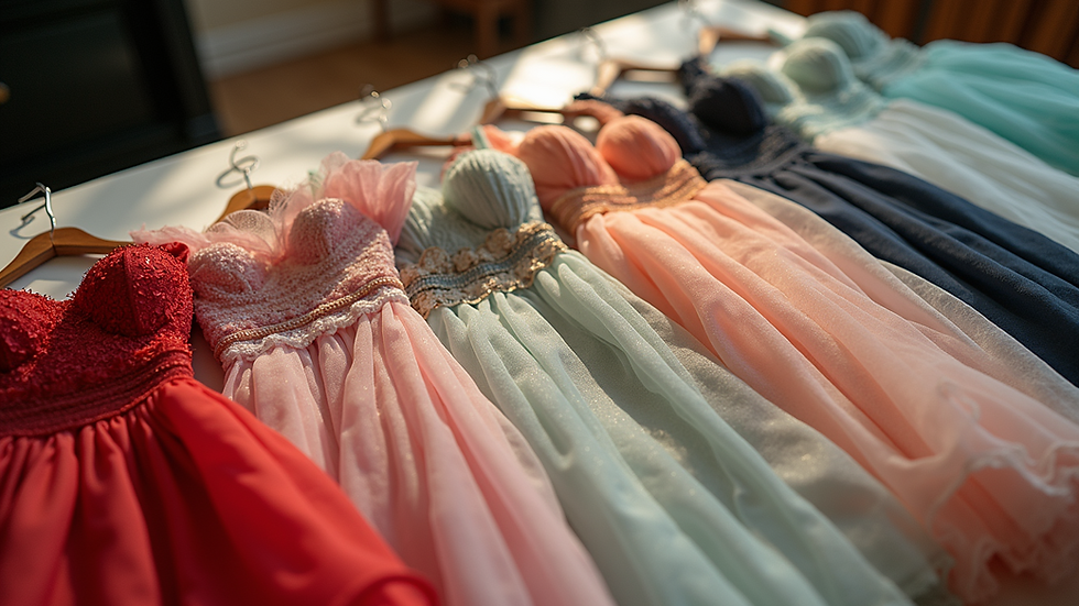 High angle view of a selection of party dresses laid out on a table