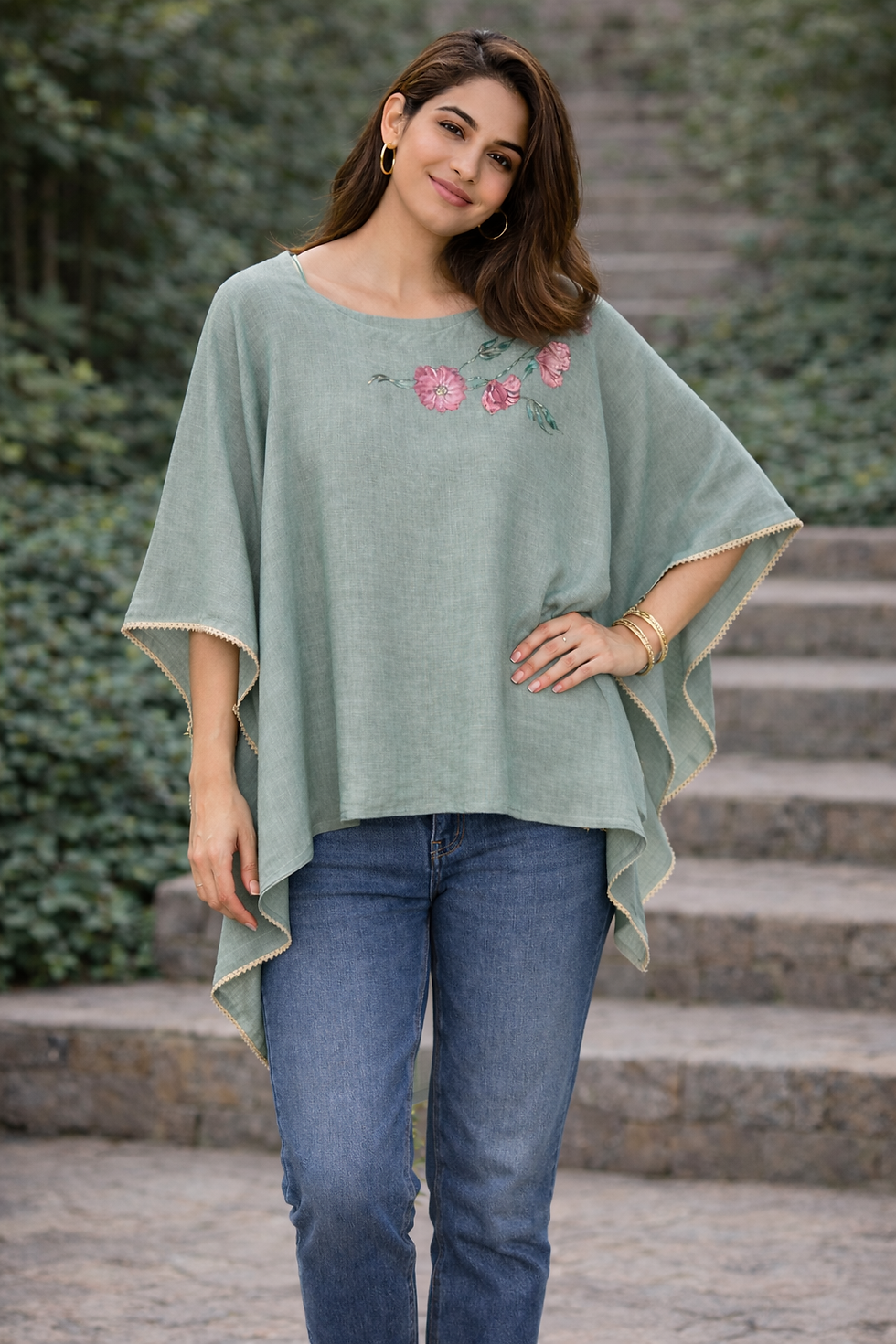 Thumbnail: Sage Green Hand-Painted Kaftan Top