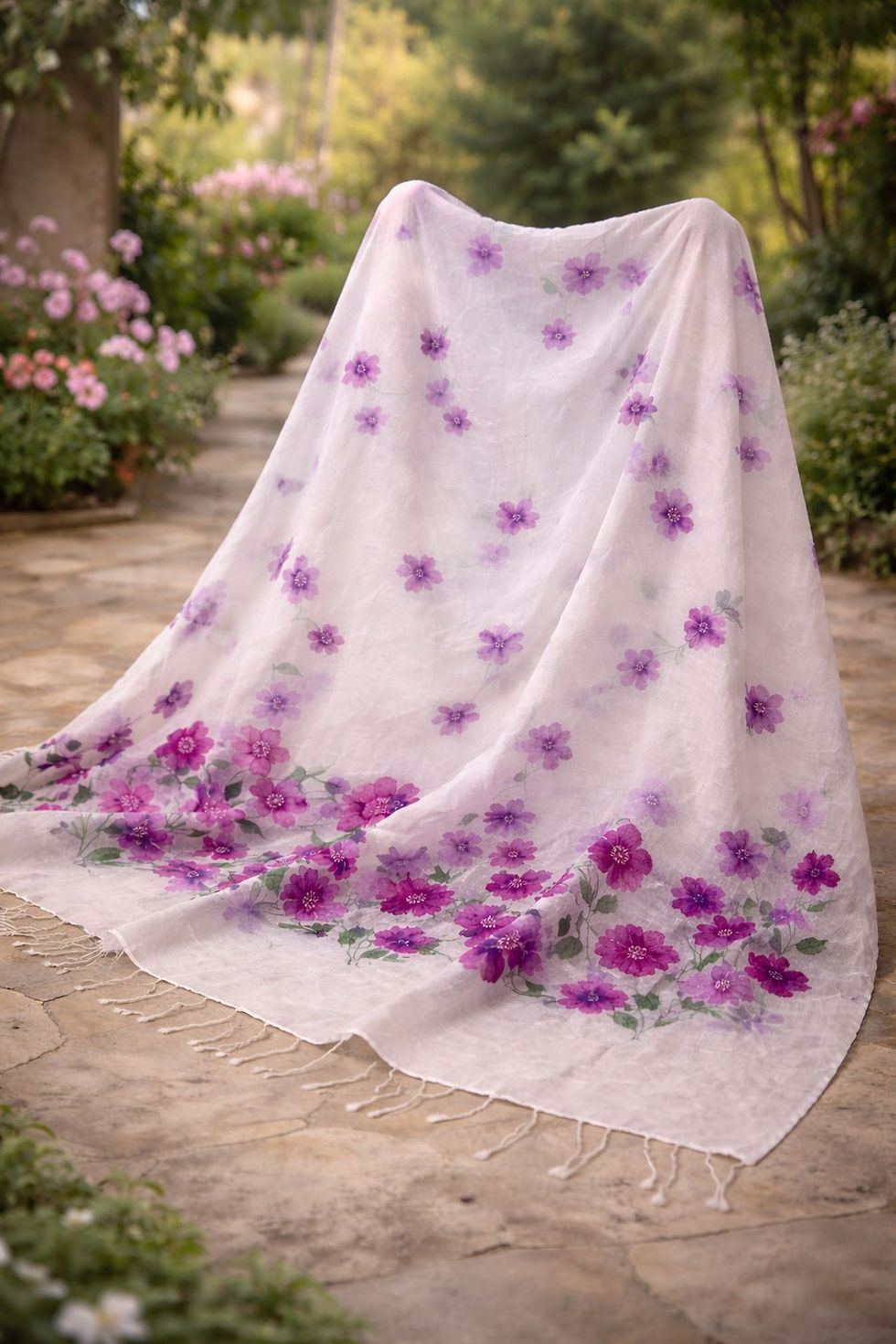 Thumbnail: Purple-pink floral motifs on white organza dupatta
