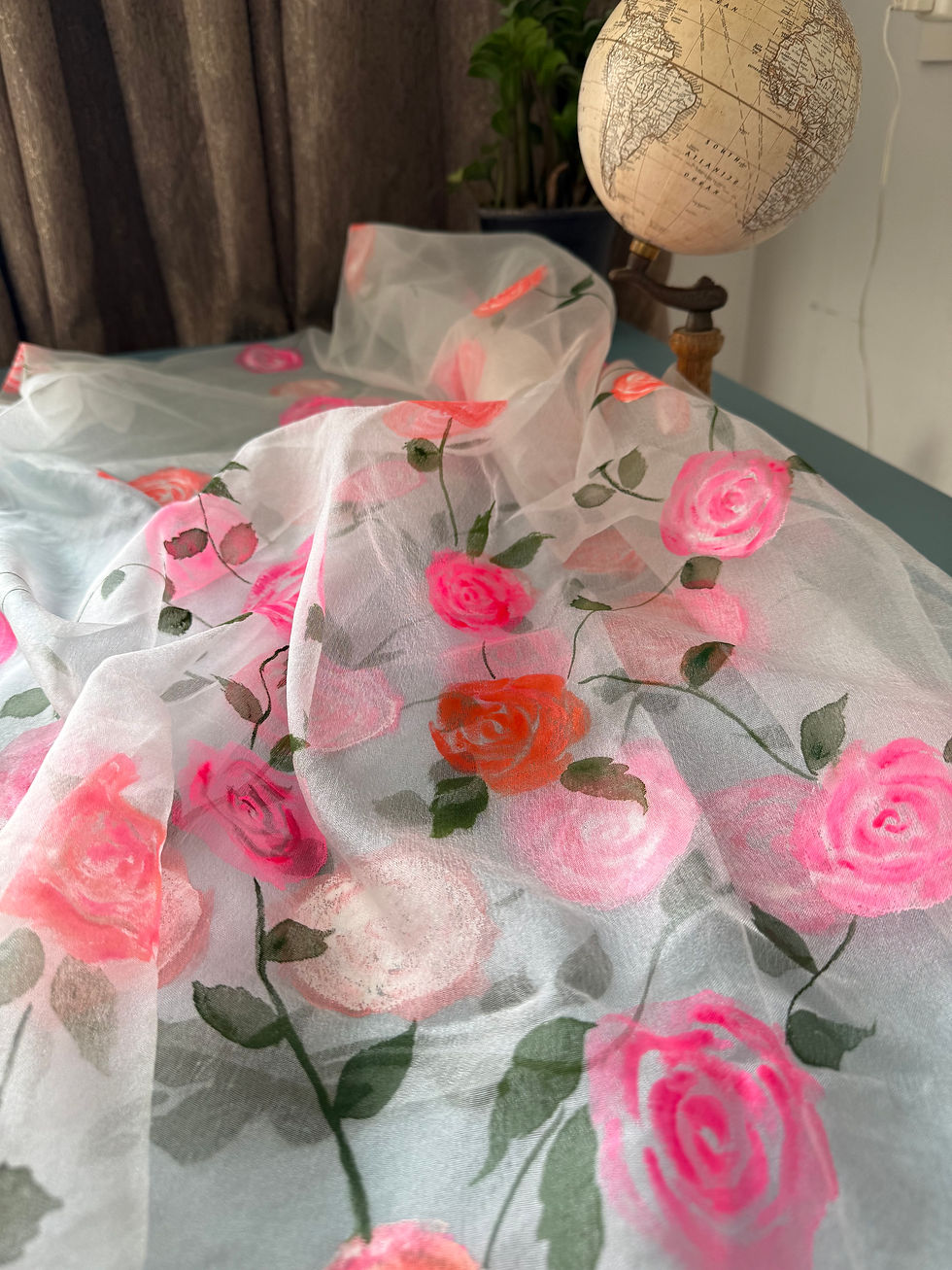Thumbnail: Coral blush flowers on white organza dupatta