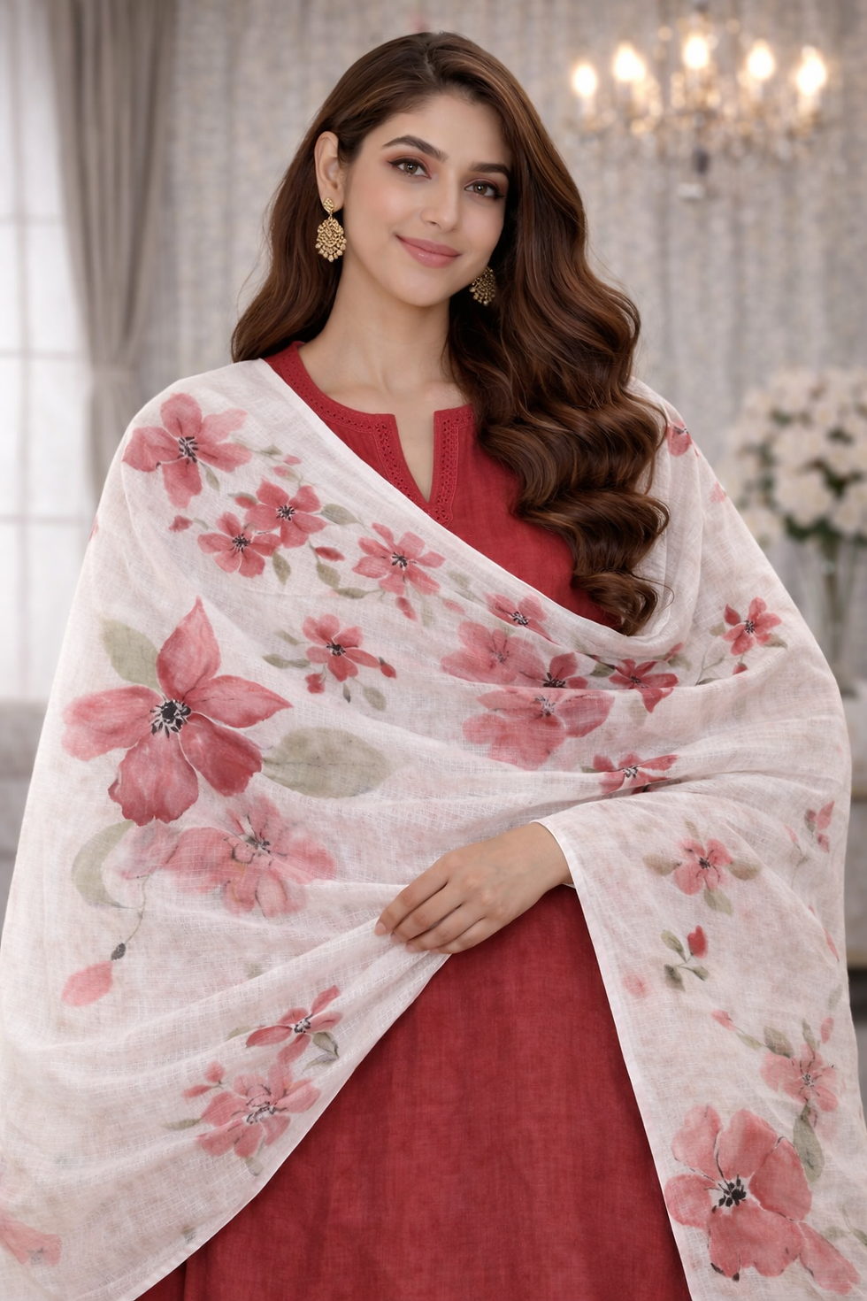 Thumbnail: White Kota cotton dupatta with muted maroon floral motifs