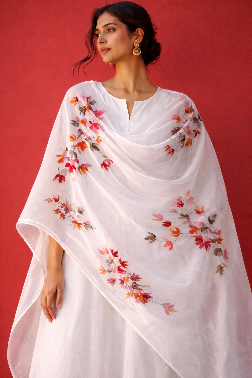 Thumbnail: Brown red floral motifs on White organza dupatta