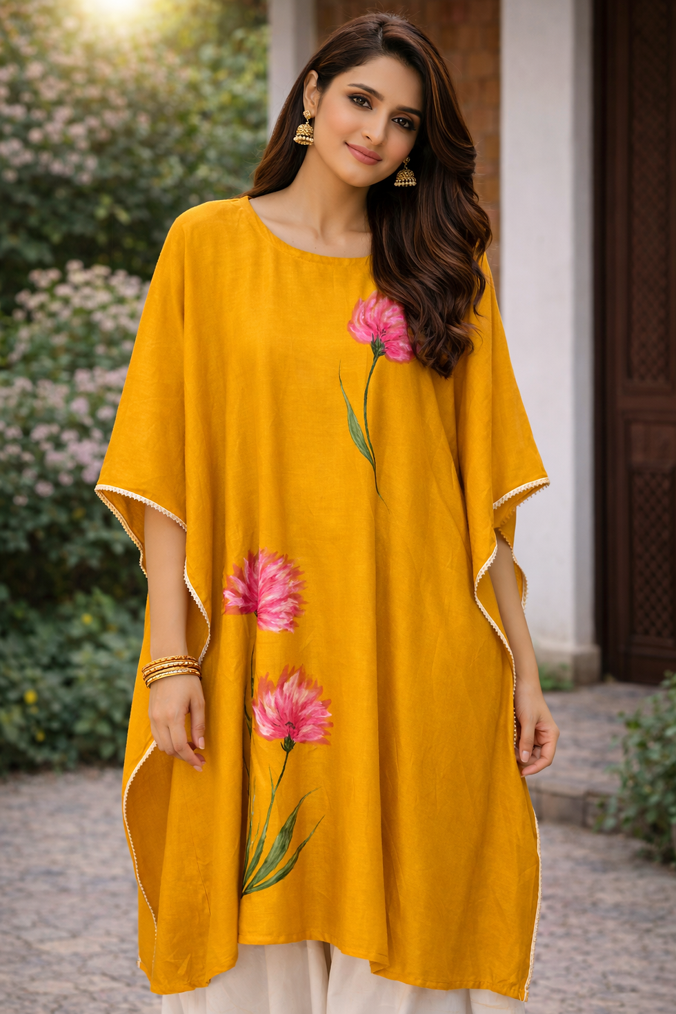 Thumbnail: Mustard Bloom Hand-Painted Kaftan Kurta