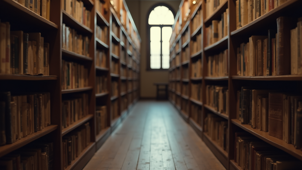 Eye-level view of a vintage library filled with old books and warm lighting