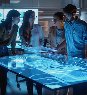 Digital professionals collaborate around a holographic table, strategizing on a 3D website model highlighting areas for accessibility remediation, with virtual notes and guidelines indicating a proactive approach to enhancing web accessibility.