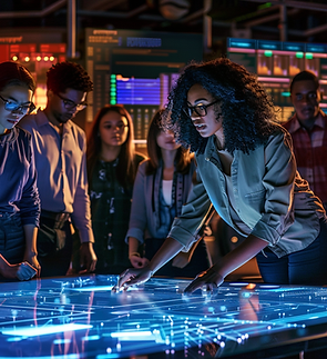 A diverse group of professionals gathered around an interactive table, interacting with holographic data visualizations and digital models in the center. The scene is lit by ambient LED lighting, creating a futuristic atmosphere. One person stands out as they surf through information on their phone while others watch or work at other tables nearby. In one corner, there's also another individual focused intently using a computer to create complex graphics