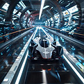 Overhead view of a futuristic racing car speeding through a digital holographic gate on a high-speed track, encircled by dynamic light and shadow. The track is set against abstract graphics with white lines and black borders, crafting a sci-fi ambiance with stunning, realistic details by an abstract digital artist.