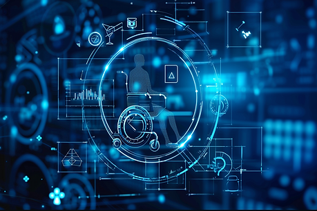 Futuristic digital background in blue, featuring a holographic display with icons of a wheelchair user and medical symbols, symbolizing advanced healthcare technology. The cyberpunk-style AI game interface underscores innovation and modernity, focusing on data integration for enhanced healthcare services.