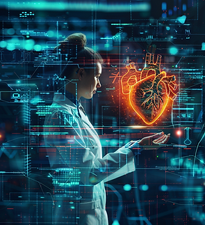 Female doctor in a white coat holding a glowing holographic heart, with digital medical data, charts, and graphs in the background, all depicted in futuristic blue tones with red and orange highlights