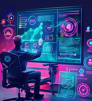 Visualize an expert meticulously analyzing a website on a large, high-definition monitor. The screen displays various web pages outlined with colorful accessibility evaluation tools, indicating areas for improvement. Surrounding the expert are icons representing different accessibility standards like WCAG, visually emphasizing the process of making web content universally accessible.
