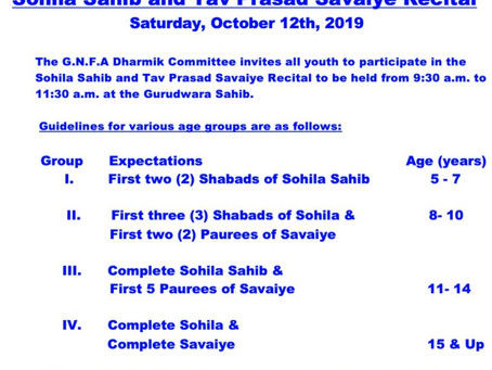Sohila Sahib and Tav Prasad Savaiye Recital – Oct 12, 2019