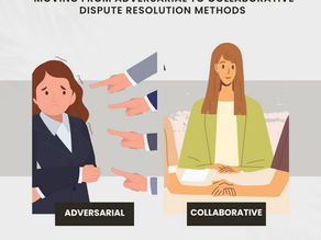 Moving from adversarial to collaborative dispute resolution methods. On the left are multiple fingers pointing blame at a person in far (adversarial), and on the right are people shaking hands with a mediator in the middle (collaborative). www.biglittleinsights.com