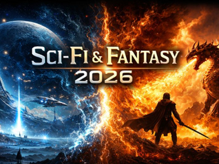 In a thrilling blend of sci-fi and fantasy, the image contrasts futuristic space landscapes with a fierce dragon slayer scene, capturing the essence of a 2026 epic adventure.