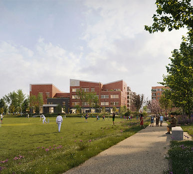 Illustrative view from Bull Lane Playing Fields towards the Selby Centre_Karakusevic_Carso