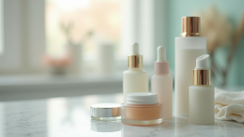 Close-up view of a skincare routine setup with various products