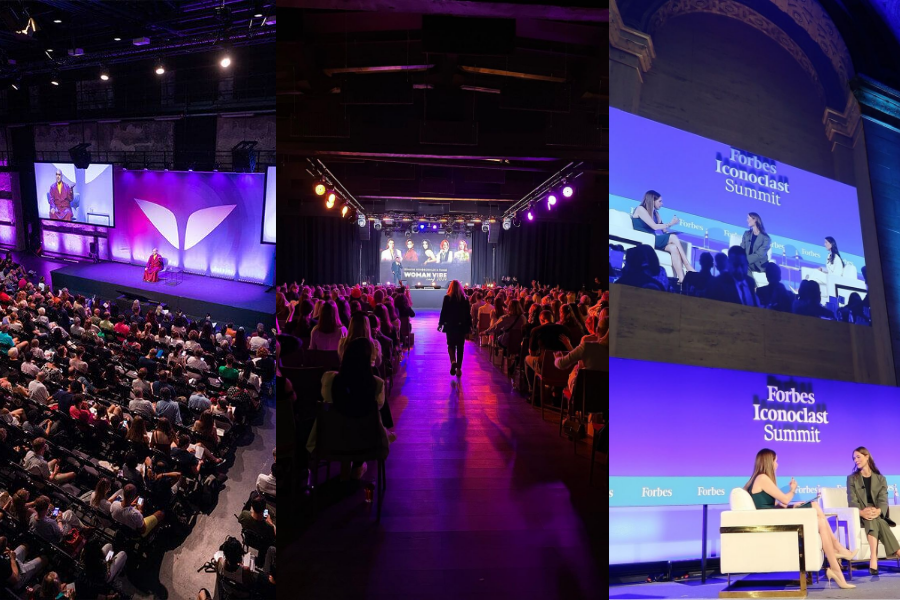 Tres imágenes de conferencias: izquierda, escenario púrpura con público atento; centro, mujer caminando hacia un escenario; derecha, panel de discusión en el "Forbes Iconoclast Summit".