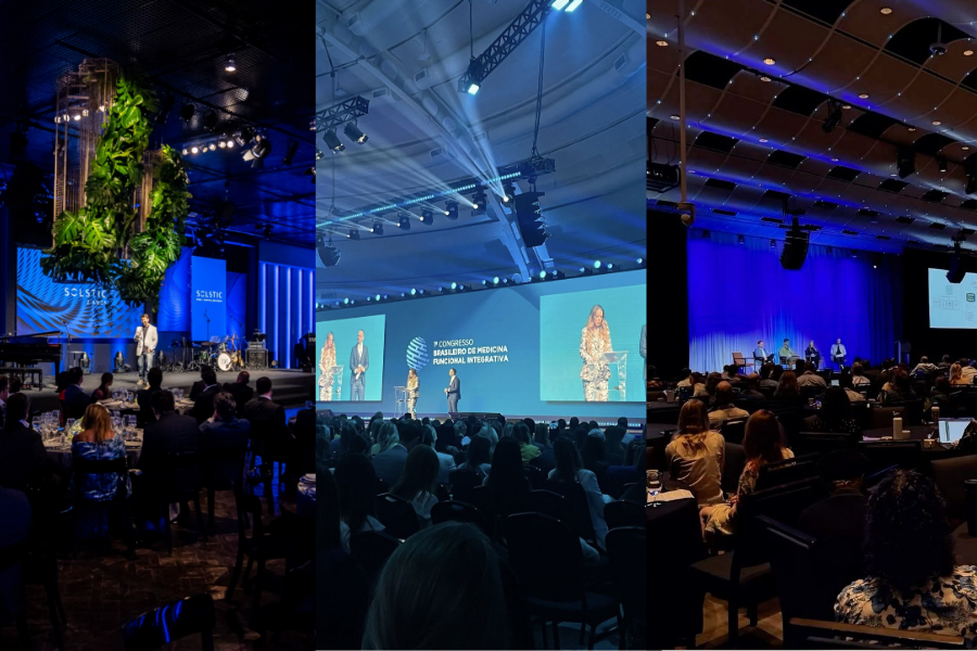 Tres eventos en interiores con escenarios iluminados en azul. Personas presentan en conferencias y foros, con asistentes sentados.