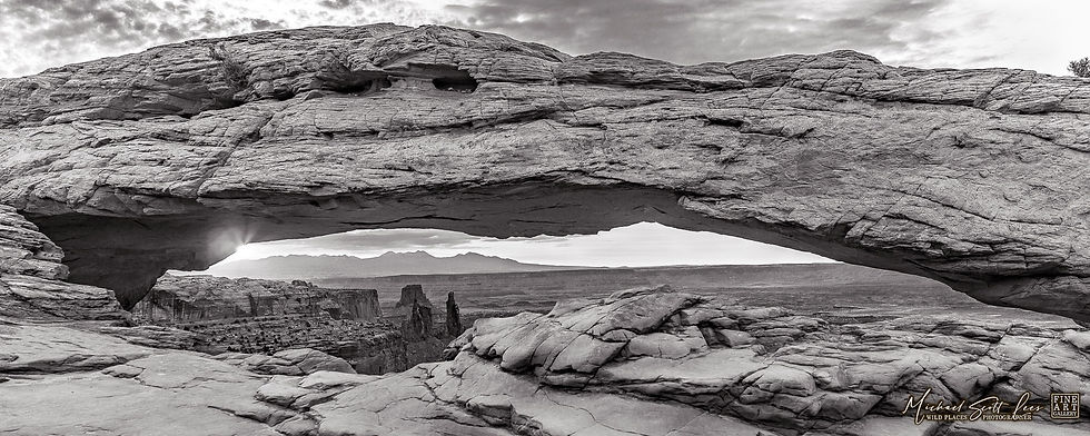 Black and white photo of sunrise at Mesa Arch in the Canyonland National Park, America. Michael Scott Lees fine art photo