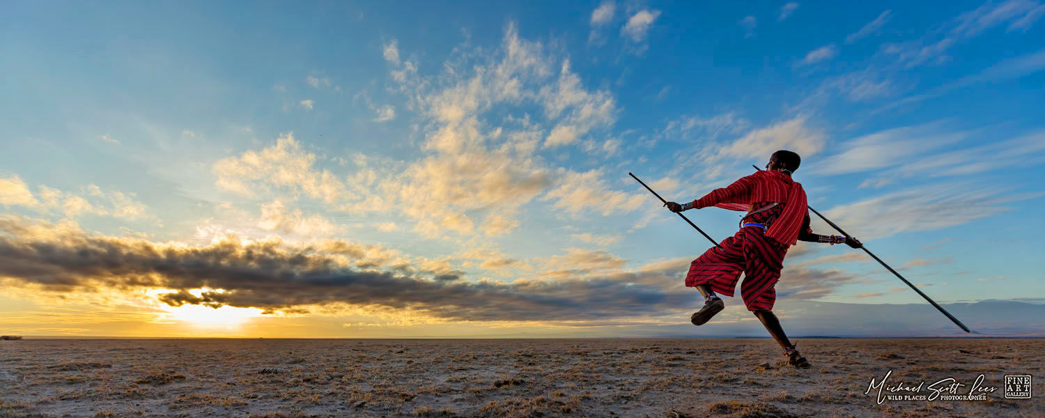 Maasai Tribesman throwing a spear in Amboseli National Park, Kenya, Africa, Michael Scott Lees fine art photographic prints