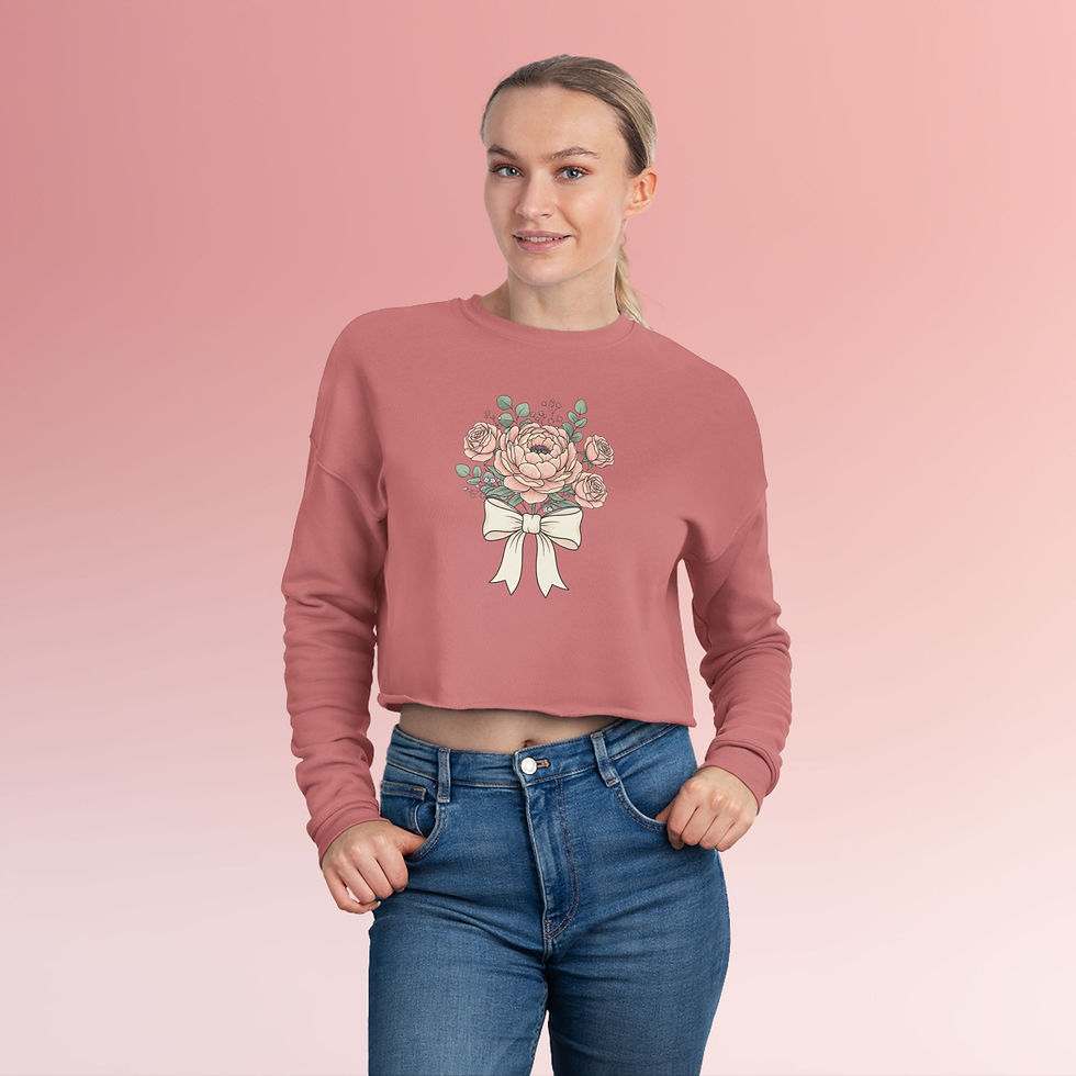 Thumbnail: Floral Bouquet Bow Cropped Sweatshirt — Women's Vintage Rose Crewneck