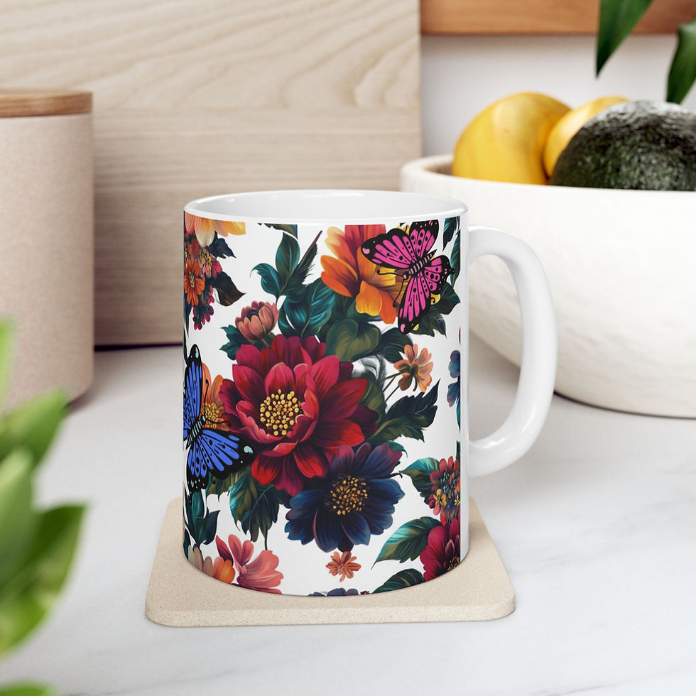 Floral Butterfly Ceramic Mug — Dark Botanical Coffee Cup 11oz on a wooden coaster.