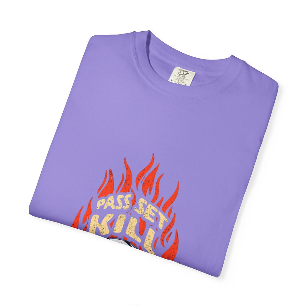 Thumbnail: Purple sweatshirt with "PASS SET KILL" graphic design and flames in the background.