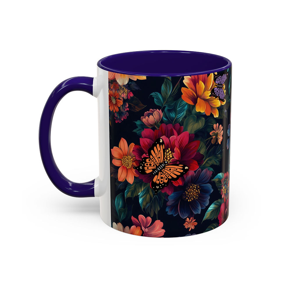 Thumbnail: Floral Butterfly Ceramic Mug — Dark Botanical Coffee Cup 11oz with colorful floral design