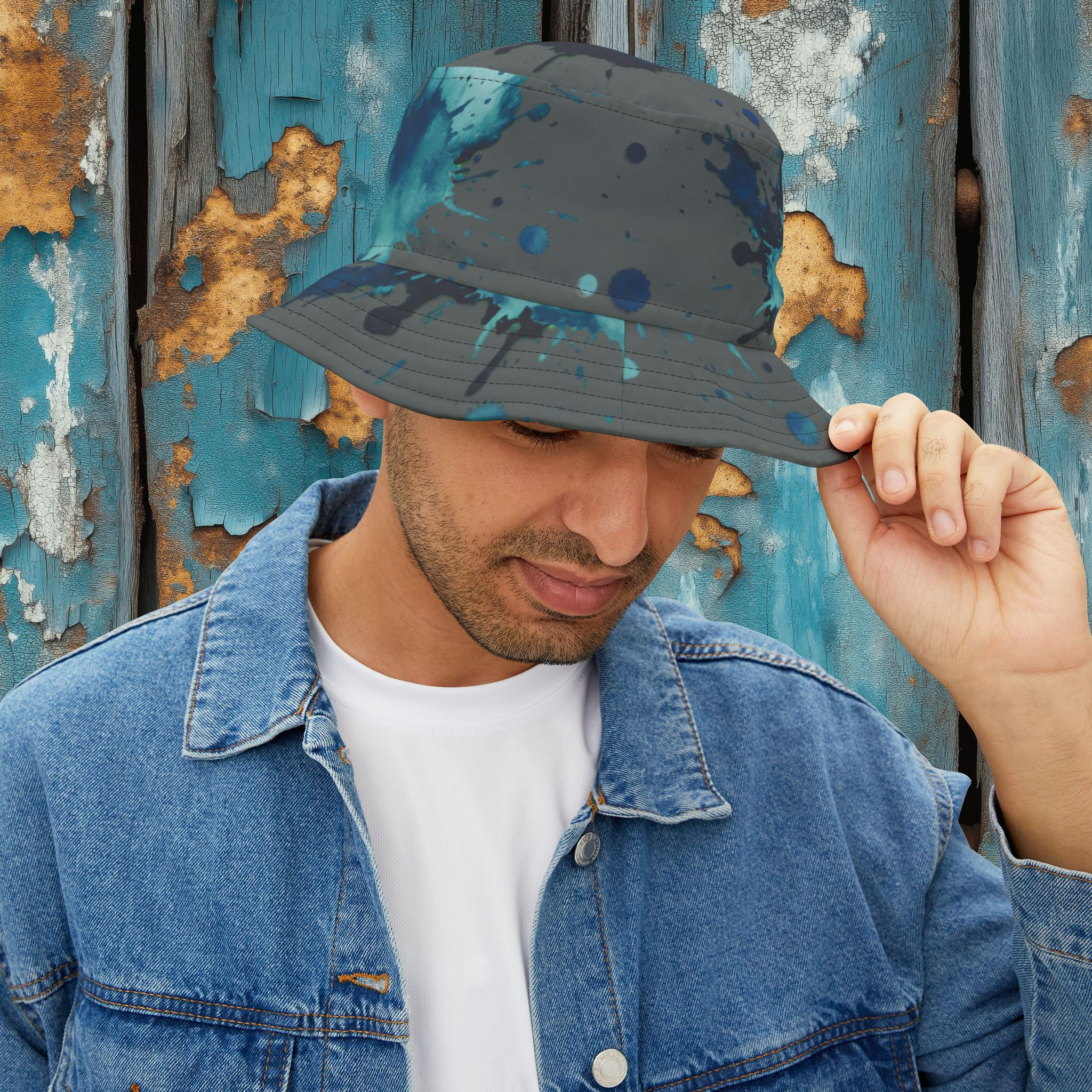 Bucket Hat (AOP) Paint Splatter Design with Dark Gray Background
