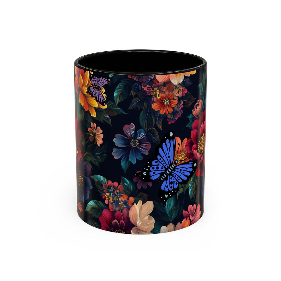 Floral Butterfly Ceramic Mug — Dark Botanical Coffee Cup 11oz, with floral and butterfly design.