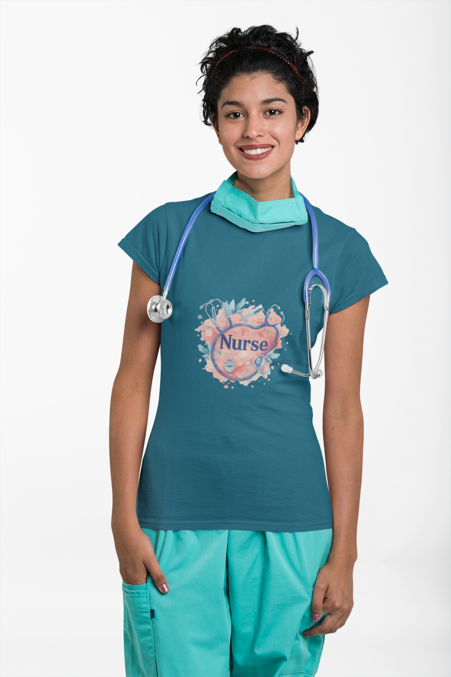 Watercolor Heart Stethoscope Nurse T-Shirt — Soft Pink