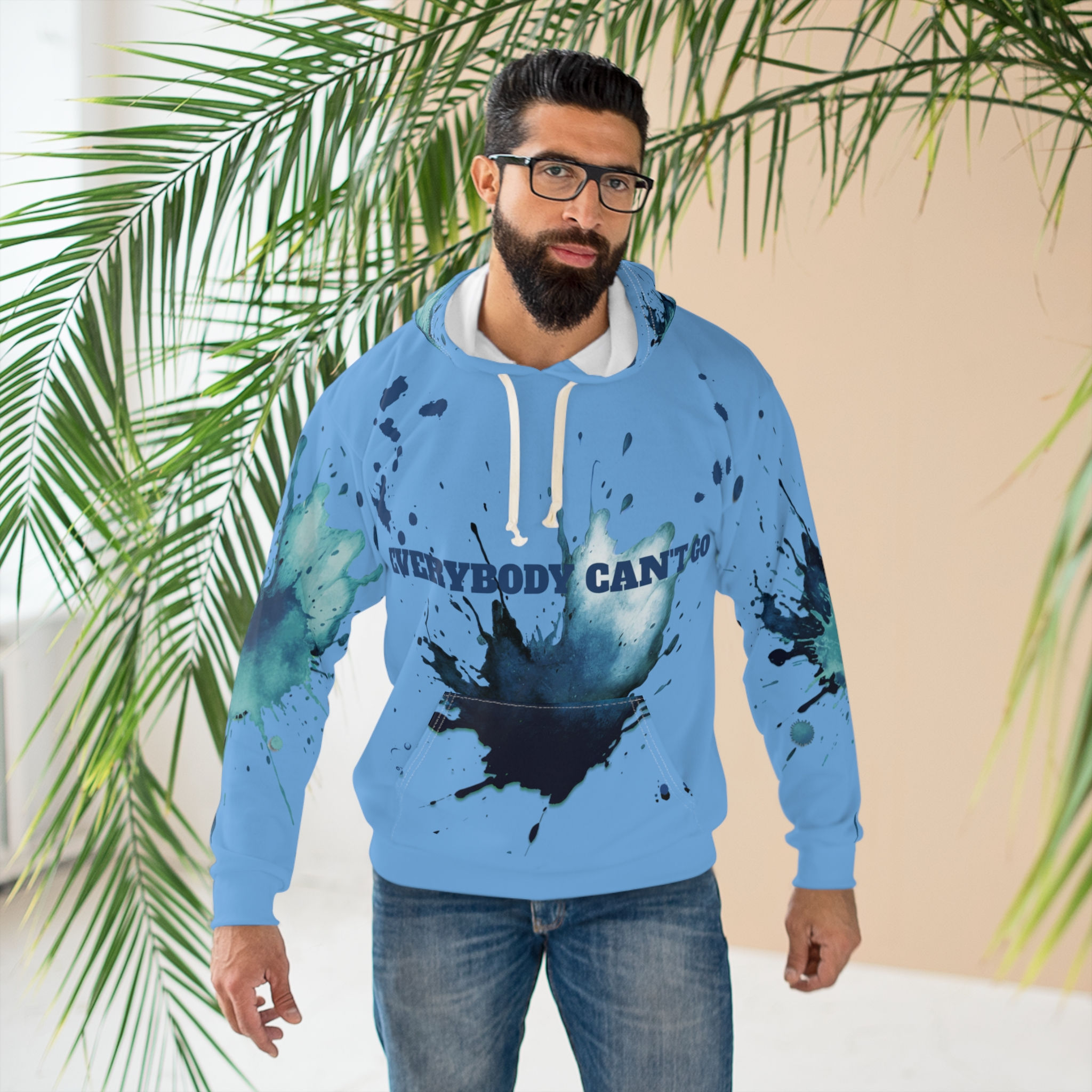 Baby Blue Splash Graphic Hoodie — "Everybody Can't Go" All-Over Print